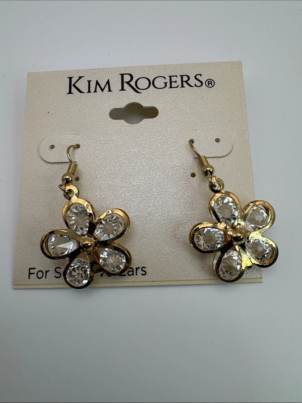 Kim Rogers Gold Flower Crystal Drop Earrings - Clear Stones
